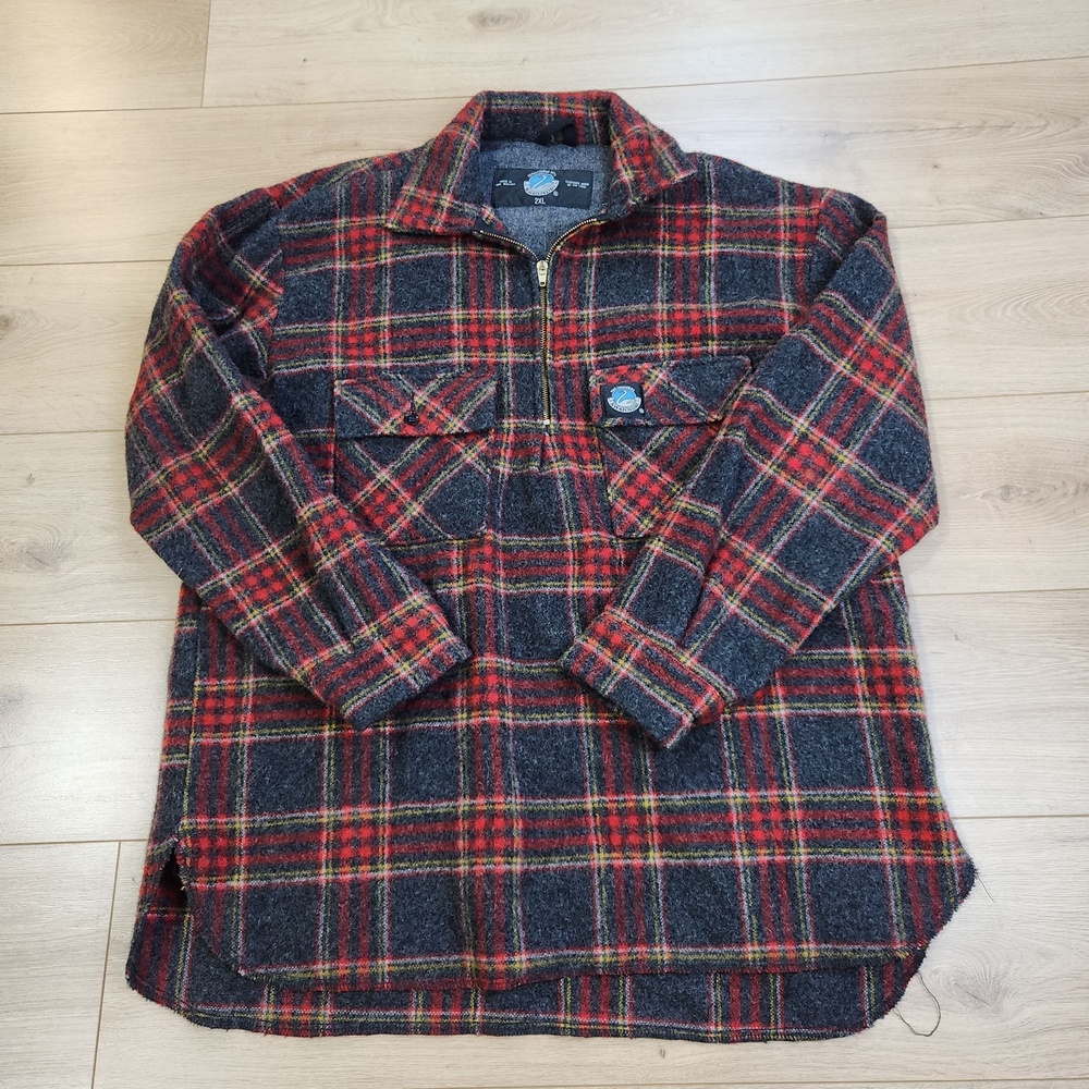 Swanndri Ranger Bush Shirt Mens 2XL Gray Red Plaid Wool 1/4 Zip New Zealand